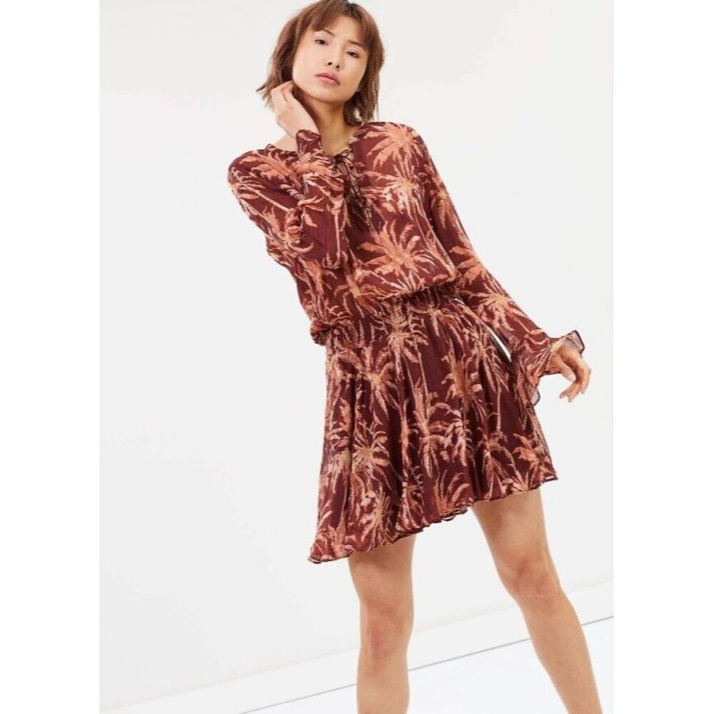 SCOTH & SODA Palm Print Brown Lace Up Long Sleeve Knee Length Dress Size M